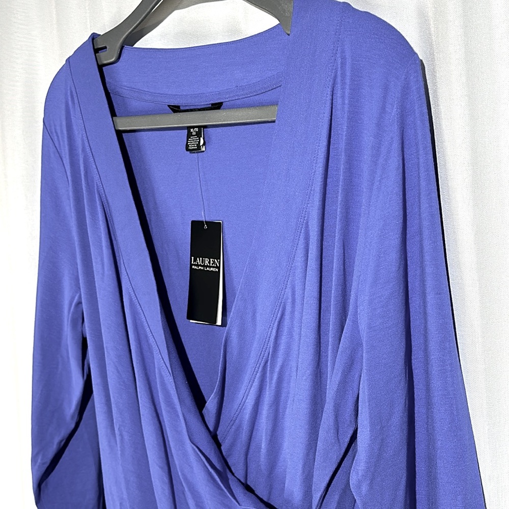 NEW Lauren Ralph Lauren Long Faux Wrap Luxury Long  Sleeve Top Blue XL - Picture 2 of 6